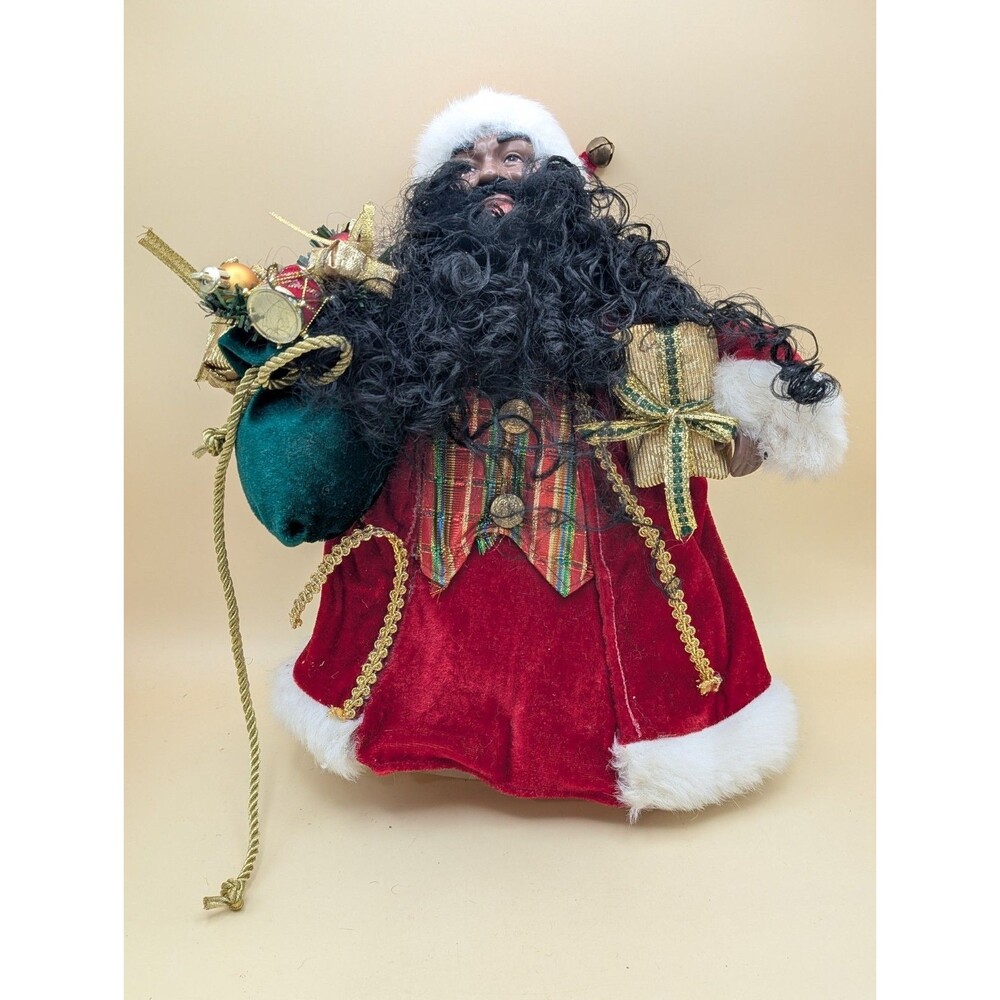 African American Santa Claus Christmas Tree Topper w/gift Bag 12" Ceramic Face